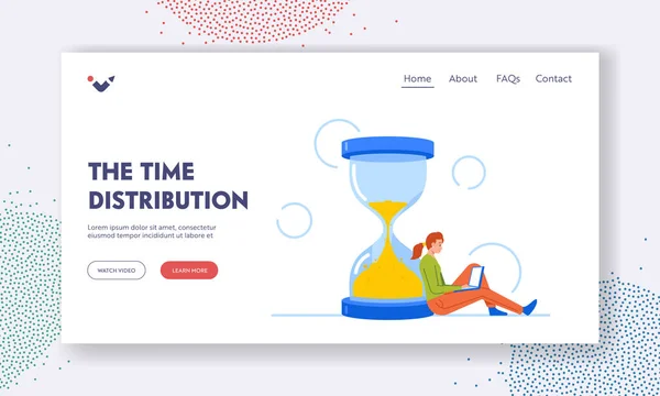 Time Management Distribution Landing Page Template Tiny Businesswoman Character Sitting — ストックベクタ