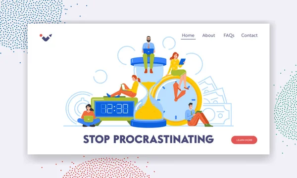 Stop Procrastinating Landing Page Template Businesspeople Huge Clocks Business Men — Vector de stock