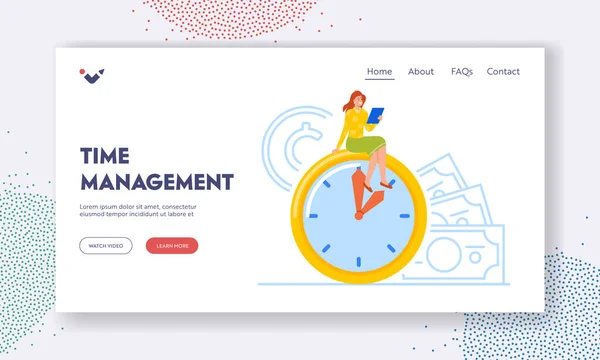 Time Management Landing Page Template Confident Businesswoman Sitting Huge Clock — Wektor stockowy