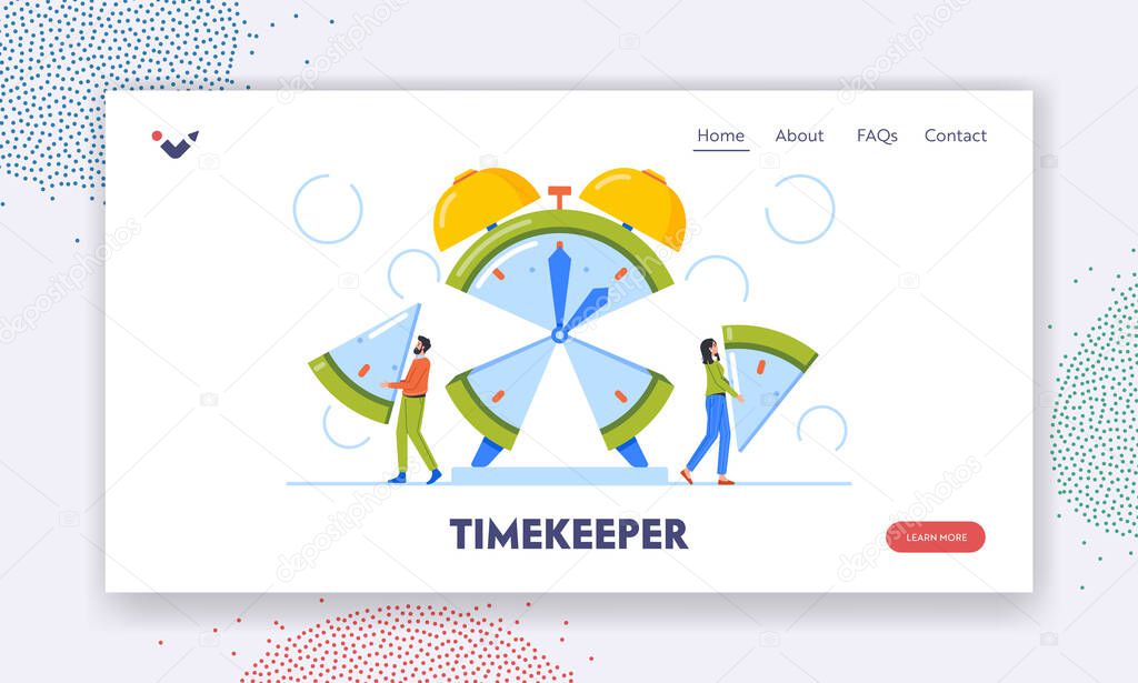 Timekeeper Landing Page Template. Time Management and Project Task Allocation Concept. Characters Team Manage Resources, Men And Women Dividing Clock on Pieces. Cartoon People Vector Illustration