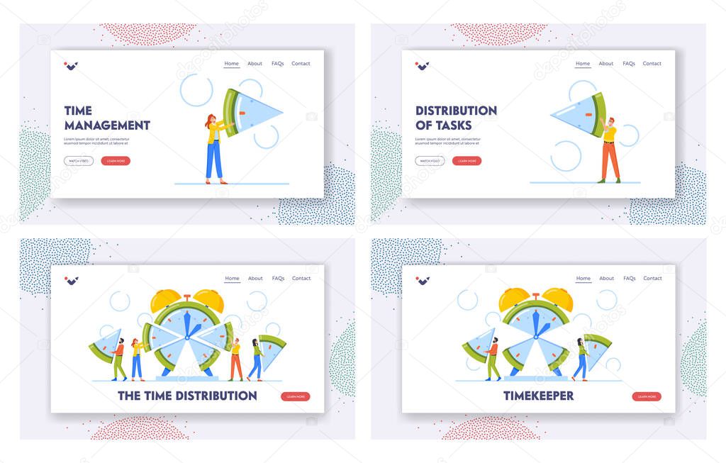 Time Distribution Landing Page Template Set. Business People Manage Limited Time To Optimize Outcome, Project Efficiency And Productivity, Characters Cut Clock on Slices. Cartoon Vector Illustration