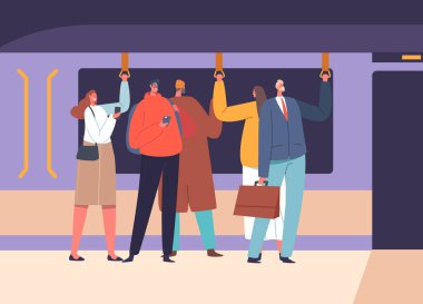 Subway Train Interior with People. Native Citizen Male and Female Characters in Underground Urban Metro. Men and Women Holding Handles in Moving Public Transport. Cartoon Flat Vector Illustration
