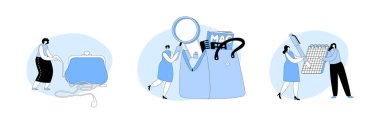 Tiny Women Characters at Huge Female Bag with Things and Variety of Personal Belongings as Cosmetics, Mirror, Notepad and Girls Magazine. Ladies Stuff Concept. Cartoon People Vector Illustration