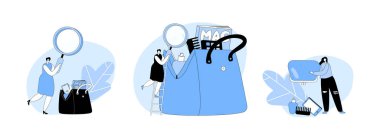 Ladies Stuff and Personal Belongings Concept. Tiny Women Characters at Huge Female Bag with Variety of Accessories as Cosmetics, Glass, Purse and Girls Magazine. Cartoon People Vector Illustration