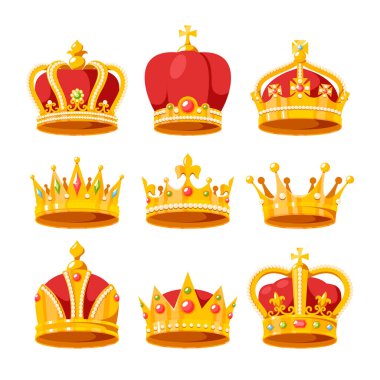 Set of Crowns, Royal Medieval Heraldic Vintage Headwear for King or Queen Isolated on White Background. Heraldry, Monarchy Imperial Coronation Symbols. Cartoon Vector Illustration, Icons, Clip Art