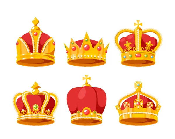 Set Golden Crowns King Queen Crowning Headdress Monarch Royal Gold — Stock Vector