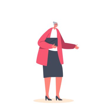 Single Senior Female Character Wear Knit Jacket Hold Handbag Isolated on White Background. Mature Positive Woman, Grandmother, Happy Person with Smiling Face. Cartoon People Vector Illustration