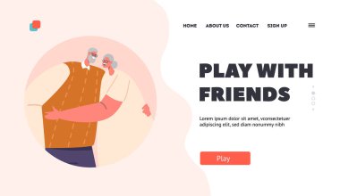 Romantic Loving Feelings Landing Page Template. Happy Aged Couple Hug, Embrace. Elderly Characters Love, Strong Family Relationship, Old People Dating, Emotions, Romance. Cartoon Vector Illustration