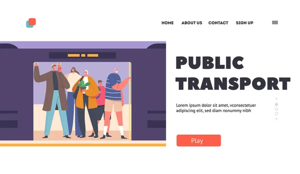 Public Transport Landing Page Template People Subway Doorway Passengers Holding — Vector de stoc