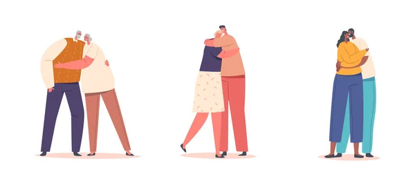 Happy Men Women Embracing Hugging Loving Aged Young Couples Hug — Vetor de Stock