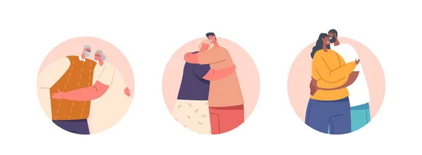 Loving Couples Hugging Isolated Icons Old Young Men Women Holding — Stok Vektör