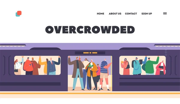 Overcrowded Metro Landing Page Template Passengers Underground Transport Tourists Citizen — Stockový vektor