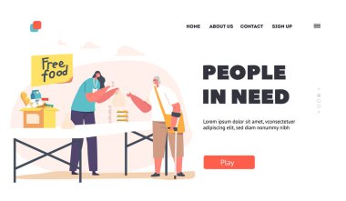 Voluntary Help People in Need Landing Page Template. Young Volunteers Feeding Poor Homeless People Giving Food to Beggars or Refugees on Street or Temporary Residence. Cartoon Vector Illustration