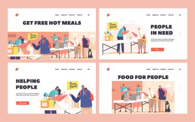 Poor People Get Free Hot Meals Landing Page Template Set. Volunteers Distribute Food at Shelter Helping Bums, Refugees, Beggars or Homeless Characters, Emergency Housing. Cartoon Vector Illustration