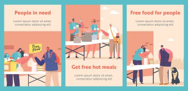 Poor People Getting Warm Food Cartoon Banners, Volunteers Distribute Free Meals at Shelter Helping Bums, Refugees, Beggars or Homeless Characters, Emergency Housing. Vector Illustration, Posters