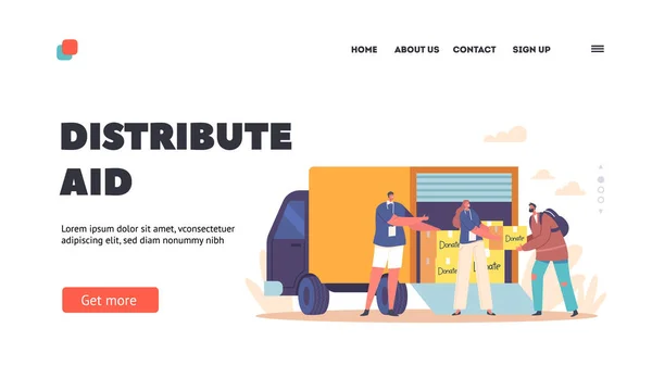 Governmental Help Landing Page Template Team Volunteers Humanitarian Aid Van —  Vetores de Stock