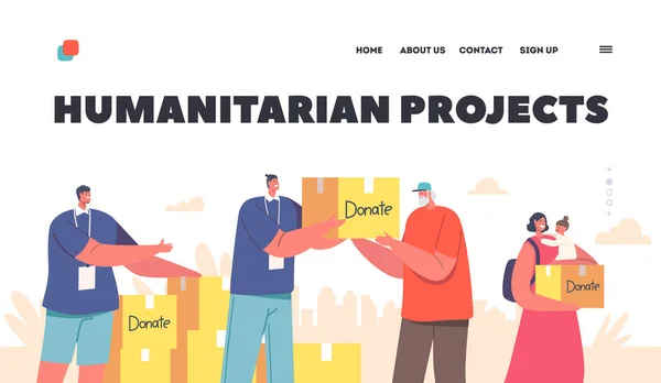 Humanitarian Projects Donation Material Assistance Landing Page Template Volunteer Characters —  Vetores de Stock