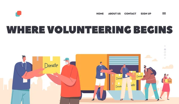 Volunteering Landing Page Template Volunteers Giving Humanitarian Aid Help Boxes —  Vetores de Stock