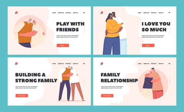 Romantic Relations Landing Page Template Set Happy Men Women Embracing — Image vectorielle
