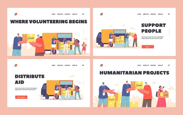 Volunteering Landing Page Template Set Volunteers Giving Humanitarian Help Boxes —  Vetores de Stock