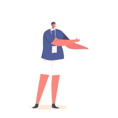 Man Altruist Foundation Service with Red Heart on Badge. Volunteer Male Character Member of Volunteering Charity Rejoice Isolated on White Background. Cartoon People Vector Illustration