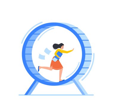 Rat Race Business Concept with Exhausted and Stressed Businesswoman Running in Hamster Wheel Trying to be on Time with Work. Female Character Run with Documents in Hand. Cartoon Vector Illustration