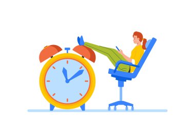 Procrastination Business Concept. Businesswoman Sitting on Chair with Legs on Huge Alarm Clock Chatting in Internet. Time Loosing, Lazy Employee Procrastinate at Work. Cartoon Vector Illustration
