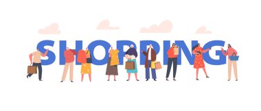 Shopping Concept. People Visiting Supermarket, Store, Boutique, Shop and Market. Customers with Products, Characters with Bags, Shopping Routine Poster, Banner or Flyer. Cartoon Vector Illustration