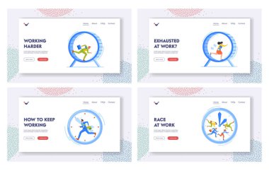 Rat Race, Work Productivity, Career, Looping Life Landing Page Template Set. Tired Stressed Business People Running inside of Huge Hamster Wheel. Useless Effort. Cartoon Vector Illustration