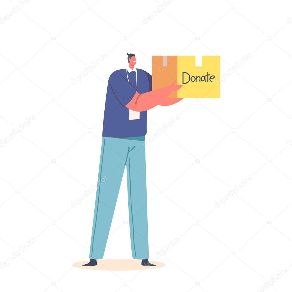 Volunteer with Donation Humanitarian Aid. Man Carry Box with Donating Things. Charity Organization Help People in Troubles and Poor Families with Finance Problems. Cartoon Vector Illustration