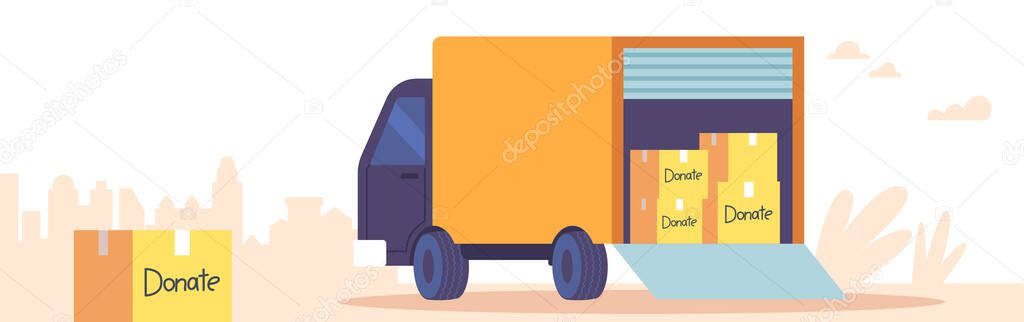 Van with Donation Boxes and Humanitarian Aid Packages to Poor People and Refugees in Need. Charity, Social Help, Carton Packs with Clothes, Food, Stationery, School Stuff. Cartoon Vector Illustration