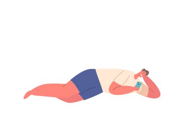 Mobile Phone Communication Concept. Male Character Lying with Phone in Hands. Man with Gadget Chatting or Dating Online in Internet Isolated on White Background. Cartoon People Vector Illustration