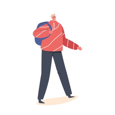 Happy Male Character with Backpack, Student or Hipster Boy in Casual Clothes Hoodie and Jeans Wear Glasses. Nerd or Geek Isolated on White Background. Cartoon People Vector Illustration