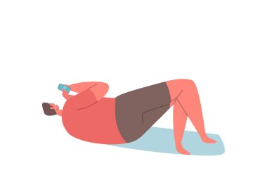 Mobile Phone Communication Concept. Male Character Lying with Cellphone in Hands rear View Isolated on White Background. Man with Gadget Chatting Online in Internet. Cartoon People Vector Illustration