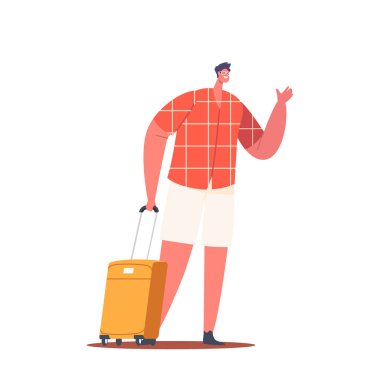 Young Male Character in Summer Clothes Hold Luggage in Hands Isolated on White Background. Passenger Waiting Plane Registration or Airplane Boarding in Airport Terminal. Cartoon Vector Illustration