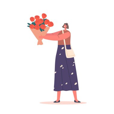 Woman Holding Beautiful Flower Bouquet, Happy Girl with Bunch of Red Roses Isolated on White Background. Gift for Birthday, 8 March, Dating or Valentines Day. Cartoon Vector Illustration
