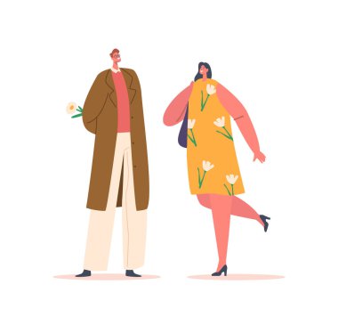 Couple Dating, Love Human Relation, Valentines Holiday Concept. Man Hiding Bouquet behind of Back prepare Present to Girlfriend. Cute Surprised Woman Meet with Boyfriend. Cartoon Vector Illustration