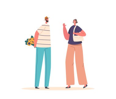 Couple Dating, Love, Relations Concept. Man Prepare Present to Girlfriend Hiding Bouquet of Flowers behind of Back, Surprise for Valentine Day, Birthday or Anniversary. Cartoon Vector Illustration