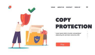 Copy Protection Landing Page Template. Tiny Female Characters with Huge Shield and Protected Folder with Files. Women Protect Information, Privacy in Cyber Space. Cartoon People Vector Illustration