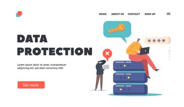 Computer Data Protection Landing Page Template. Male Character Work on Protected Laptop with Strong Password, Hacker Trying to Steal Personal Data in Internet. Cartoon People Vector Illustration