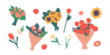 Set of Flower Bouquets Isolated on White Background. Beautiful Blossoms Icons, Floristic Store Composition, Gift for Valentine Day or Birthday Celebration, Blooming Plants. Cartoon Vector Illustration