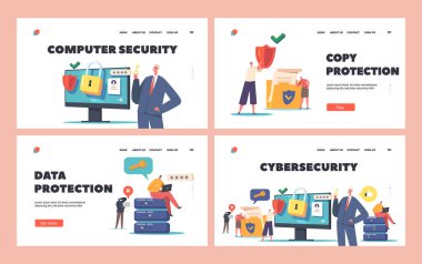 Cybersecurity Landing Page Template Set. Computer Privacy, Data Protection in Internet, Tiny Characters around of Huge Desktop with Shield and Lock on Screen. Cartoon People Vector Illustration