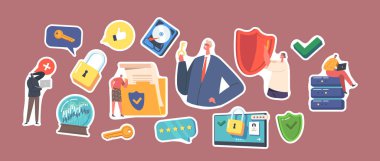 Set of Stickers Computer Security, Privacy Data Protection in Internet, Virtual Private Network. Characters with Shield, Key and Lock, Hacker Attack Protection. Cartoon People Vector Illustration