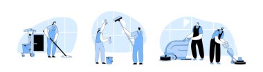 Set Cleaning Company Staff Characters in Uniform Working with Equipment. Friendly Smiling Professional Janitor Workers Vacuuming and Polishing Floor and Walls in Office. Cartoon Vector Illustration