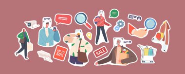 Set of Stickers Characters Shopping in Mall with Security Camera Surveillance Cctv System. Retail Store Visitors Identification Facial Recognition Concept. Cartoon People Vector Illustration, Patches