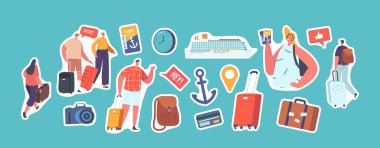 Set of Stickers People Summer Journey On Nautical Passenger Vessel. People Boarding On Cruise Liner Deck. Characters with Luggage, Anchor, Tickets, Photo Camera, Backpack. Cartoon Vector Illustration