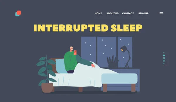 Interrupted Sleep Insomnia Internet Communication Landing Page Template Male Character — 图库矢量图片