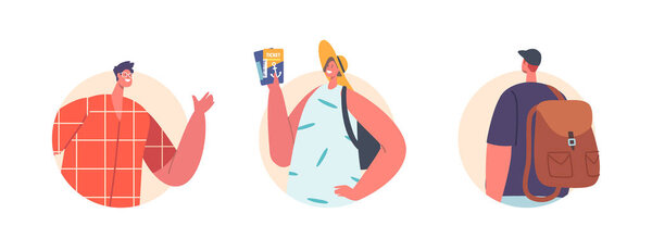 Tourist Characters with Tickets and Luggage Isolated Round Icons or Avatars On White Background. Man with Backpack Rear View, Woman with Cruise Liner Tickets. Cartoon People Vector Illustration
