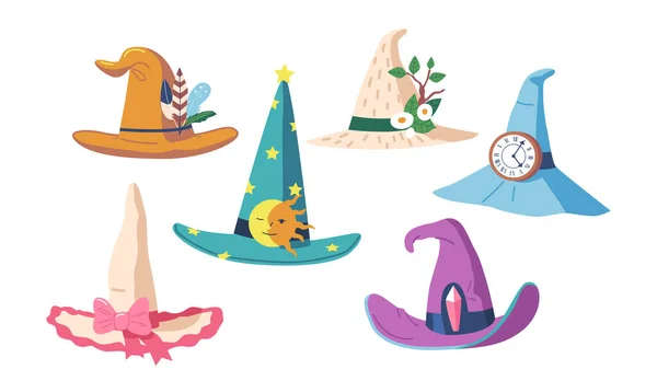 Set Cute Witch Enchantress Hats Isolated Icons Wizard Headwear Traditional — Stockový vektor