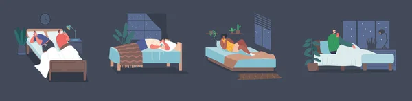 Conjunto Personagens Masculinos Femininos Deitados Com Smartphones Cama Noite Telemóvel — Vetor de Stock